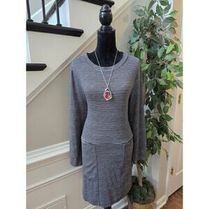Midnight Sweater Dress L Black Gray Stretch Striped Crew Long Sleeve Pullover